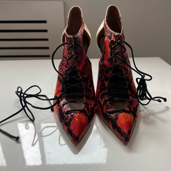 MALONE SOULIERS Lace-Up Snakeskin Leather Pointed Toe Heels Size 7 - Picture 4 of 9